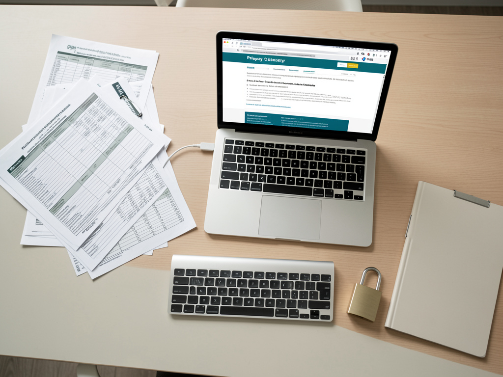 Aufgeräumter Arbeitsplatz mit Steuerdokumenten, Laptop und Vorhängeschloss – symbolisiert Vertraulichkeit