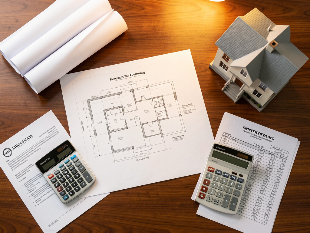 Schreibtisch mit Immobilienunterlagen und Steuerdokumenten